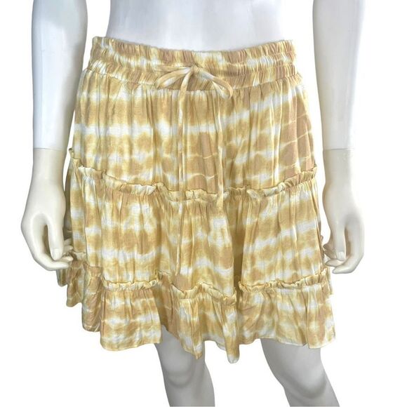Akaiv Women’s Large Yellow Ruched Tiered Mini Skirt Drawstring BOHO SOHO - Picture 1 of 5
